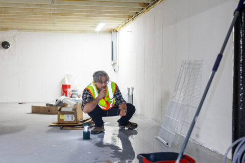 man inspecting water damage